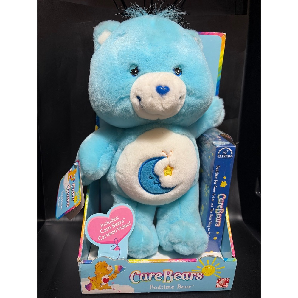 Care Bears Bedtime Bear Plush NIB Box + VHS Cartoon Video Play Along 2002 Vtg